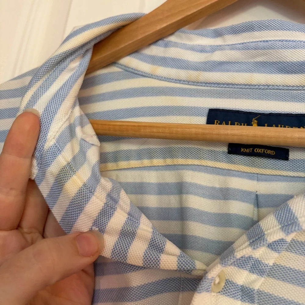 Men’s Ralph Lauren Blue Striped Knit Oxford Short Sleeved Polo Size XL
